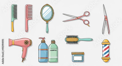 Collection of vintage hair salon tools and accessories illustration.