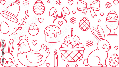Easter celebration elements with eggs bunny and cake