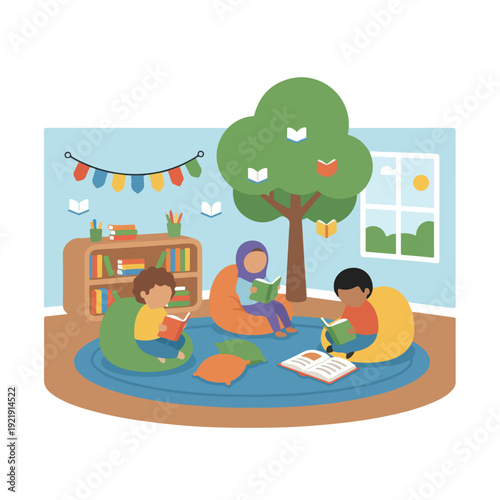 Three diverse children are engrossed in reading books while sitting on beanbag chairs and cushions in a colorful, decorated room featuring a whimsical book-filled tree and a bookshelf.