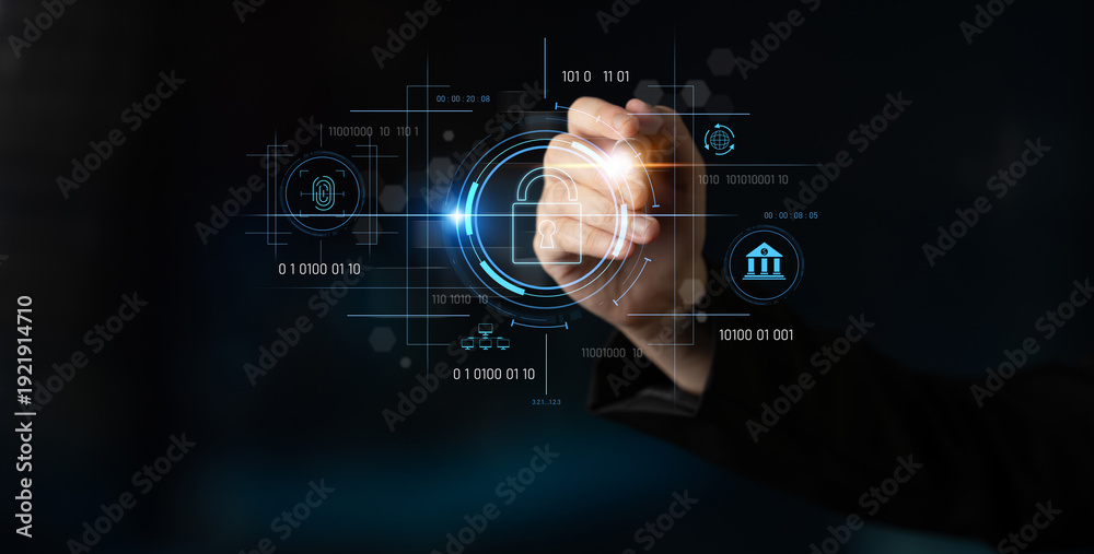 Obraz premium Cybersecurity system interface with biometric lock and data protection. Cybersecurity protects access, identity, cyber security prevents threats, and cyber security supports digital systems. Latch