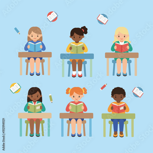 Six diverse children are happily engaged in reading books at their individual desks, surrounded by floating books and pencils, illustrating a fun learning environment.