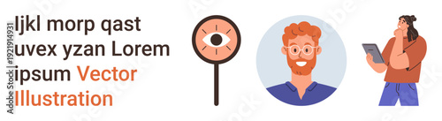 Identity verification, online security, digital interaction, personal branding, data analysis, remote communication. A smiling man, an eye through a magnifying glass, and a woman with a tablet