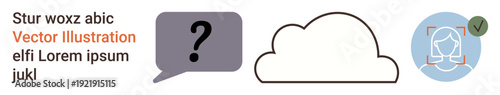 Cloud computing, speech, data storage, identity verification, communication, facial recognition. Speech bubble with a question mark, cloud symbol and face recognition icon. Cloud computing