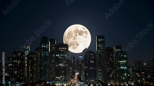 Full moon over a glowing city skyline at night with tall buildings
