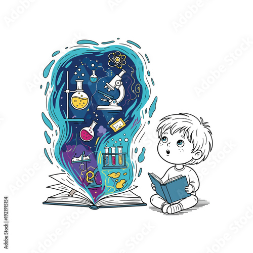 A child reading a book with science elements emerging from its pages, illustrating curiosity and learning.