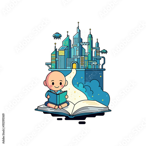 A smiling baby reads a magical book with a futuristic cityscape emerging from it, surrounded by clouds and spaceships, in an imaginative illustration.