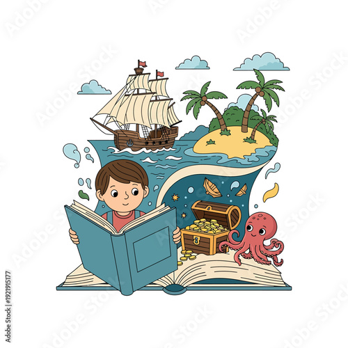 A boy reads a book imagining a treasure island with a ship and octopus.