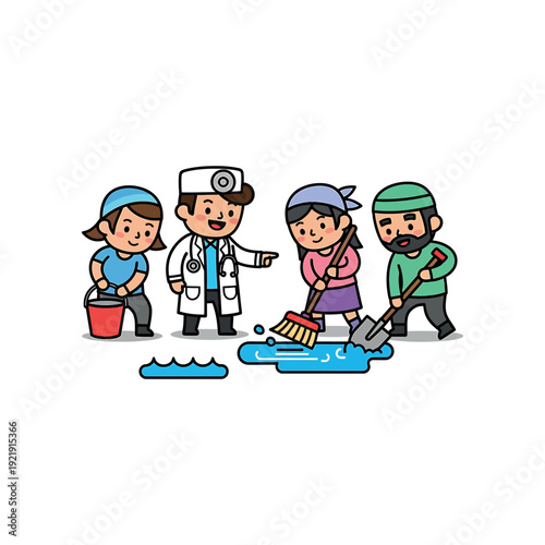 People cleaning up spill on the floor with doctor