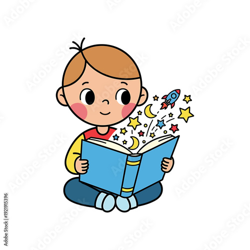 A young boy reading a book with magical illustrations and a rocket ship emerging from the pages, sitting cross-legged on the floor.