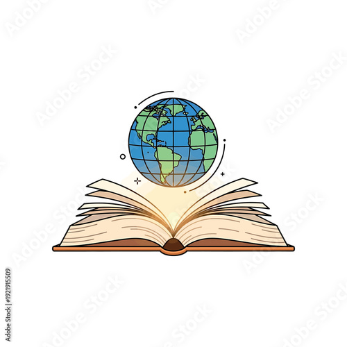 An open book with a globe hovering above its pages, symbolizing global knowledge and education.