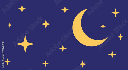 Crescent Moon and Stars Night Sky.