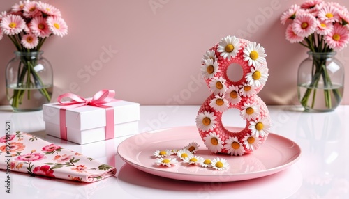 Floral Number Cake with Daisies on a Pink Plate Surrounded by Blooming Flower Bouquets and a Gift Box Tied with a Pink Ribbon for Celebration