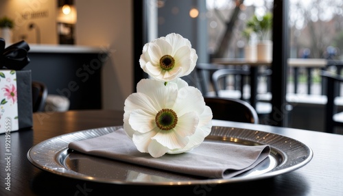 Elegant White Anemone Floral Arrangement on Dining Table with Subtle Background Interior Detailing and Natural Light Ambiance