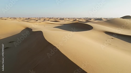 Expansive view of golden sand dunes under a clear sky, a desert landscape