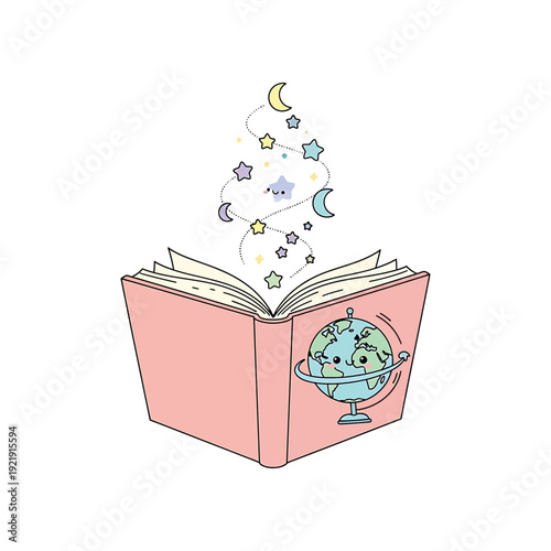 An open book emits stars and a globe on its cover page.