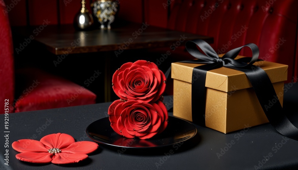 Obraz premium Elegant Red Roses Arranged Artistically on Black Plate Next to Gold Gift Box with Black Ribbon in Luxurious Setting