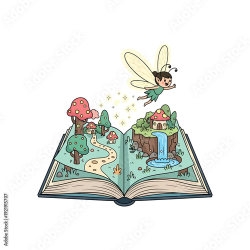 A fairy flies over an open book with a miniature landscape and waterfall inside.