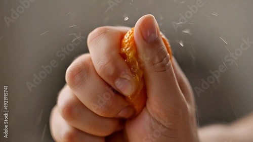 Close up shot of a hand squeezing an orange with juice spraying