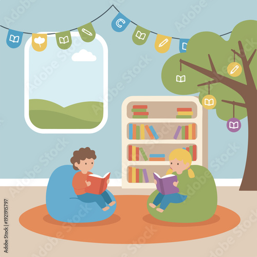 Two children read books on beanbag chairs in a cheerful, educational room with a bookshelf, a decorative tree, and banners.