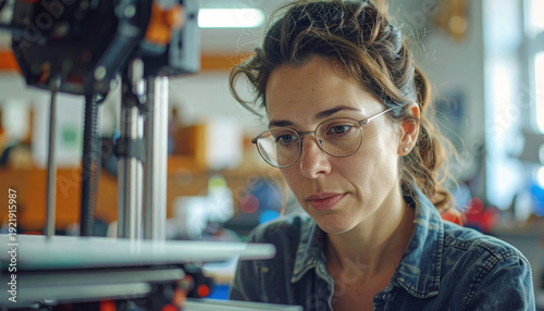 Giovane donna concentrata mentre lavora con una stampante 3D. Generative AI