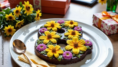 Colorful Floral-Decorated Chocolate Cake on a White Plate Accompanied by a Golden Spoon and Gift Boxes with Green and Yellow Flowers