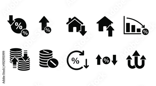 Collection of financial trend icons illustrating market movements, interest rate changes, property value fluctuations, and investment growth or decline in a clear, versatile vector for