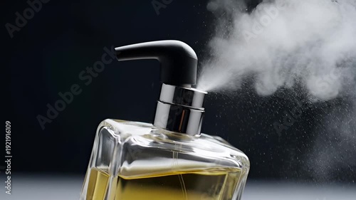Close up of a perfume bottle spraying fragrance in the air, stylish presentation