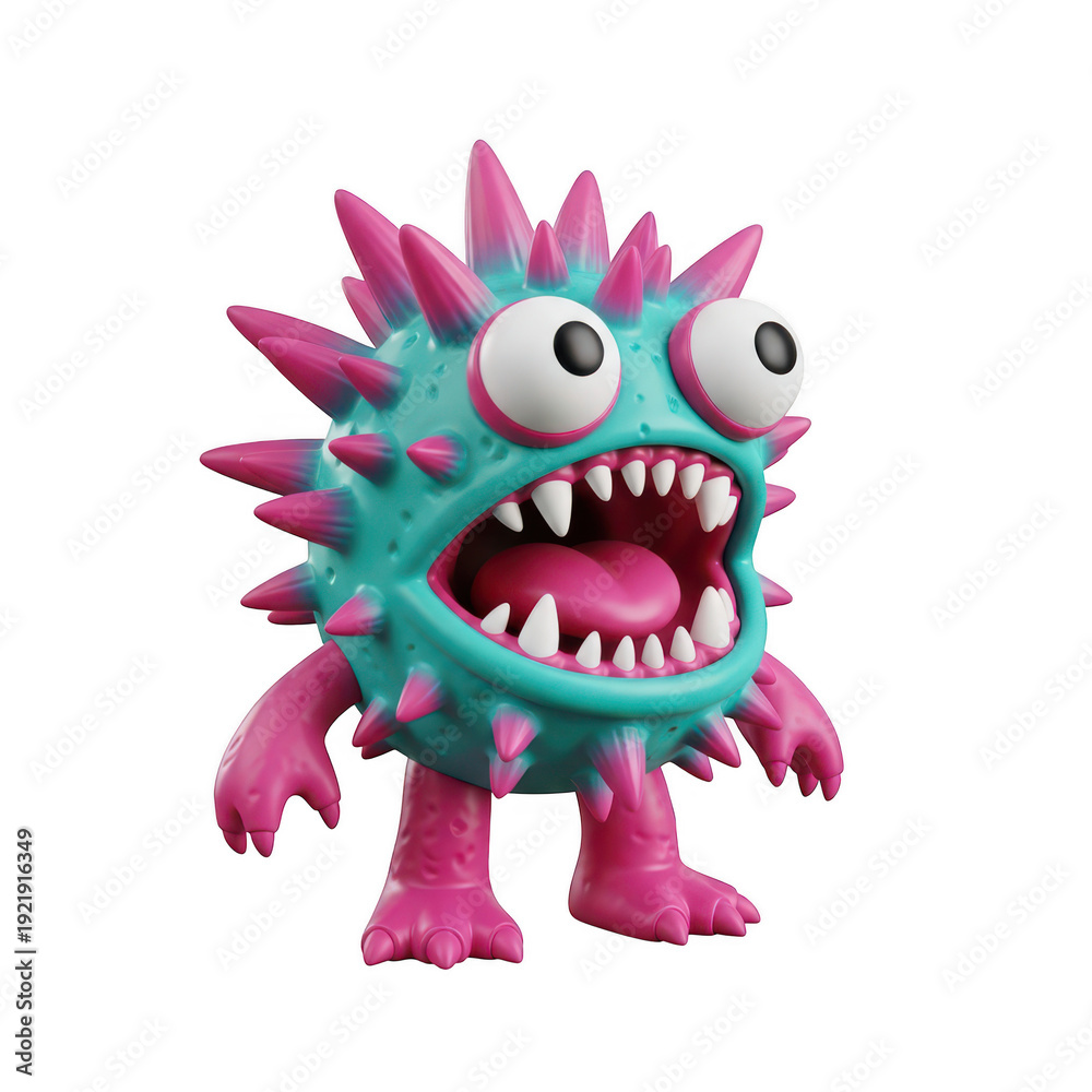 Fototapeta premium A cartoon monster with pink spikes and sharp teeth