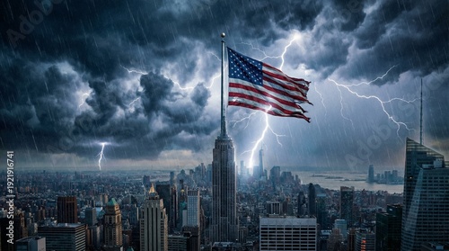 Tattered american flag flies above new york city skyline during intense thunderstorm and lightning