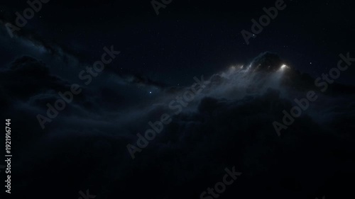 Dramatic nightscape featuring ethereal clouds, stars, and subtle light rays piercing through darkness