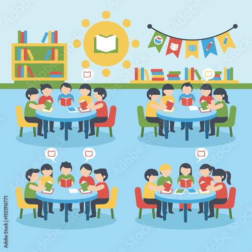 A colorful vector illustration shows four groups of children happily reading books at tables in a classroom or library, surrounded by bookshelves and educational decorations.