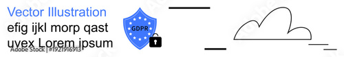 Data security, privacy laws, cloud storage, cybersecurity, digital protection, internet safety. Blue shield with GDPR text and lock, simple cloud icon. Data security and privacy laws concept