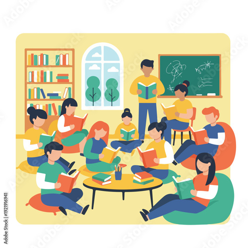 A diverse group of children and adults are engrossed in reading books in a cozy, brightly lit room with a bookshelf and blackboard.
