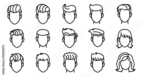 Collection of diverse male and female hairstyles in a simple line art style.