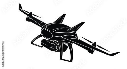 Modern black drone flying in air with propellers and camera equipment, aerial technology concept