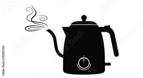 Black silhouette of electric kettle with steam rising, modern kitchenware icon, hot beverage symbol, coffee or tea concept