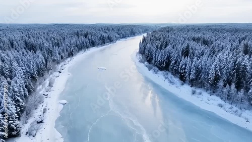 Breathtaking aerial view of a frozen river winding through a snow covered forest