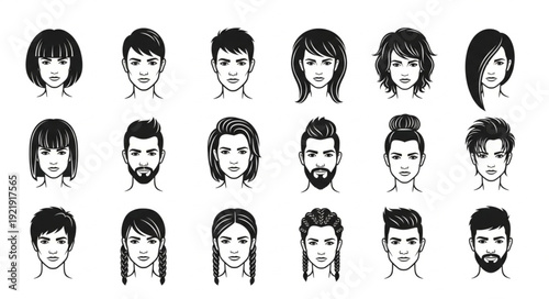 Collection of Diverse Hand Drawn Faces Expressing Various Emotions.