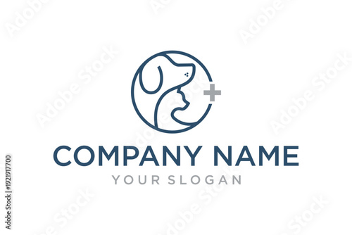 Pet Veterinary Clinic Logo with Dog, Cat, and Medical Cross Symbol in Circle