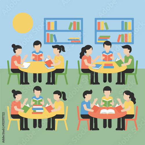 Four groups of diverse students are shown reading and studying at tables in a bright library or classroom, surrounded by bookshelves and a sun.