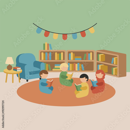 Children of various backgrounds are depicted sitting on a round rug in a warm, inviting room, deeply engaged in reading books from adjacent shelves.