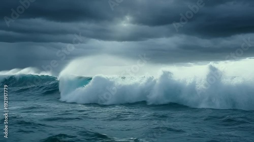 Dramatic Ocean Waves Crashing Under a Stormy Sky with Glimmer of Light