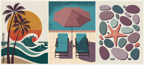 Triptych of retro summer illustrations featuring tropical beach, poolside lounge, and starfish with pebbles in vibrant, stylized, flat design for travel or wall art.