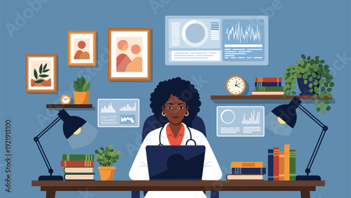 Black female doctor working at her desk with laptop, analyzing medical data and patient records in professional office.