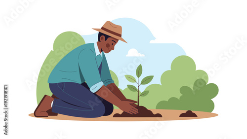 Male gardener kneeling on soil and carefully planting young tree seedling in garden, promoting reforestation and sustainability.