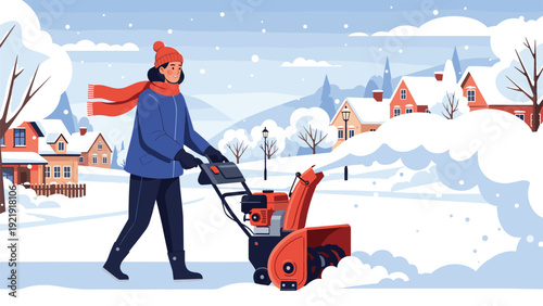 Woman using powerful snowblower to clear path through deep snow in winter village, maintaining property during cold season.