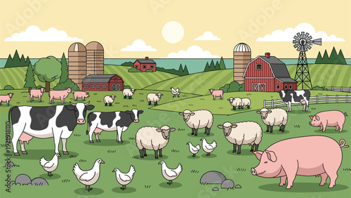 Large farm landscape with diverse domestic animals including cows, sheep, and pigs grazing near barn and windmill.