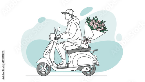 Courier on motor scooter delivering large bouquet of fresh pink roses for special occasion home delivery service.
