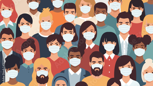 Large group of diverse people wearing protective face masks to ensure public safety and health during a global pandemic situation.