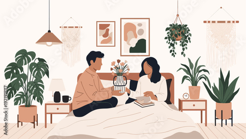 Man giving vase of fresh flowers to woman in bed, showing love, affection, and care in cozy bedroom setting.